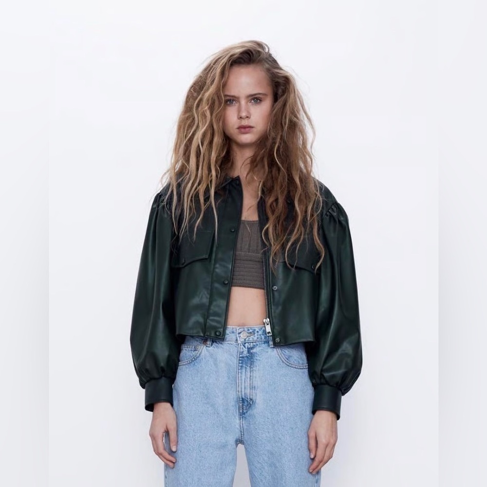 Zara Faux Leather Moto Crop Jacket Olive Green almost Black size Small